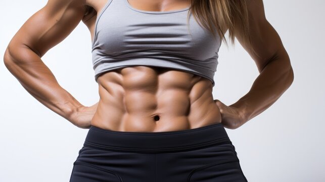 A close-up highlights the muscular abdominal muscles of a topless fitness woman, showcasing strength and dedication. Ai Generated