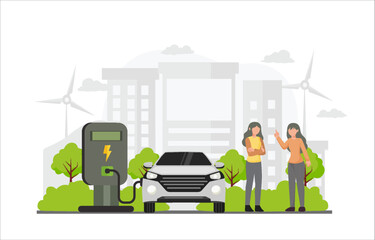 Electric car charging station with person, solar panels, electric vehicle and wind turbines and city background, future innovative technology and alternative save energy concept. Vector illustration - obrazy, fototapety, plakaty