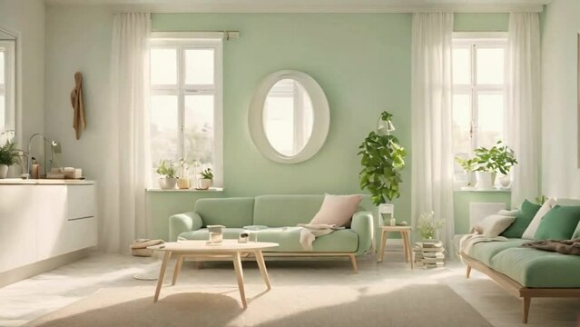 北欧スタイルの緑を基調とした落ち着いたおしゃれなデザインのリビングルーム