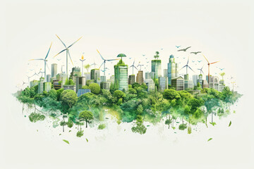 Eco-architecture, futuristic city landscape with a lot of trees