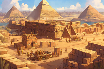 Slaves building Egypt pyramids, cartoon illustration, ancient Jewish in biblical Egypt exhile scene - obrazy, fototapety, plakaty