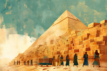 Slaves building Egypt pyramids, cartoon illustration, ancient Jewish in biblical Egypt exhile scene - obrazy, fototapety, plakaty