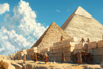 Slaves building Egypt pyramids, cartoon illustration, ancient Jewish in biblical Egypt exhile scene