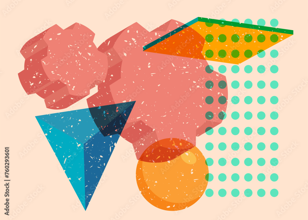 Poster risograph gear, cogwheel with geometric shapes. objects in trendy riso graph print texture style des