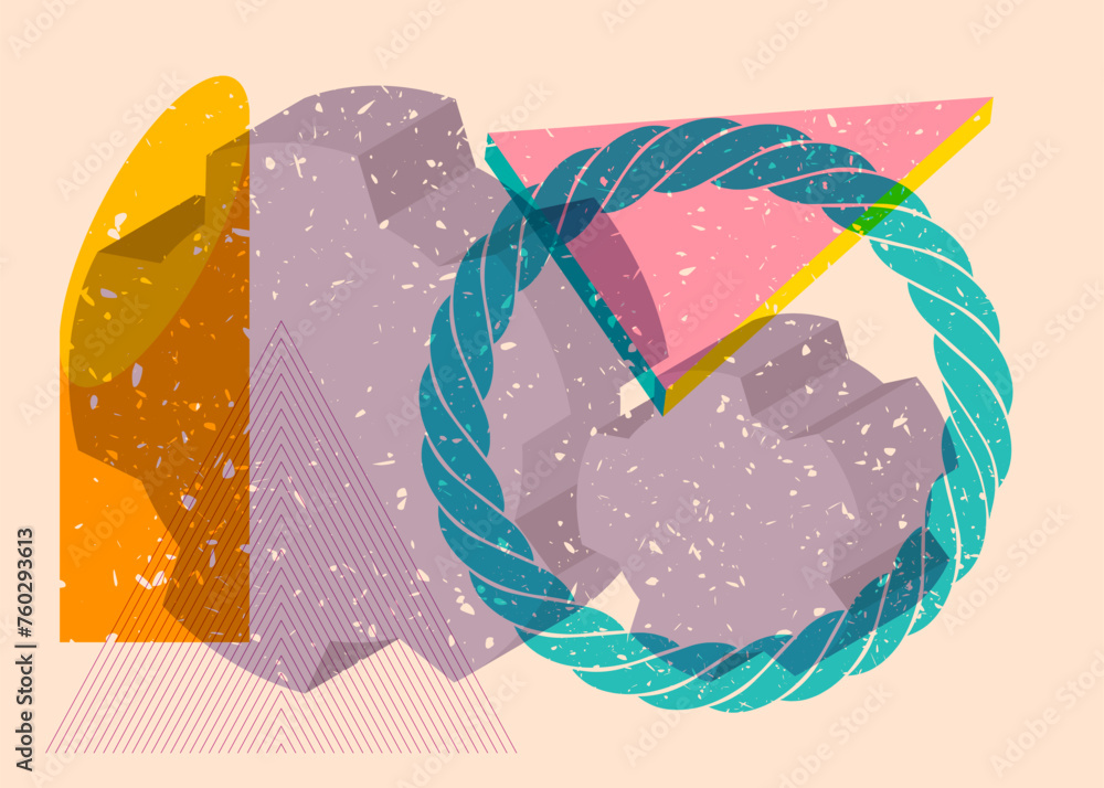 Poster risograph gear, cogwheel with geometric shapes. objects in trendy riso graph print texture style des