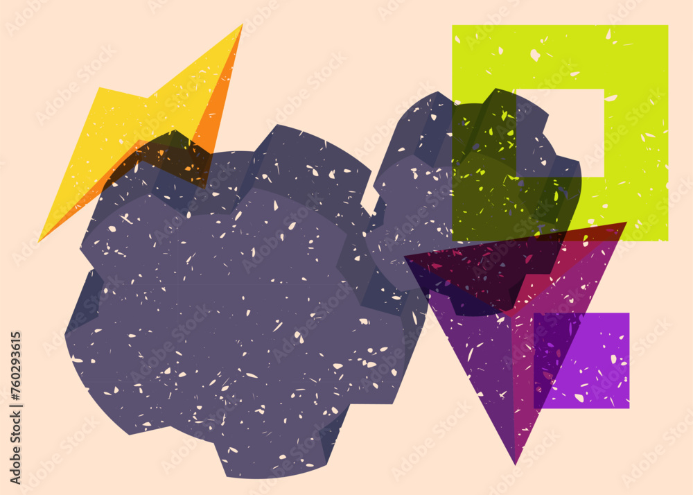 Poster risograph gear, cogwheel with geometric shapes. objects in trendy riso graph print texture style des