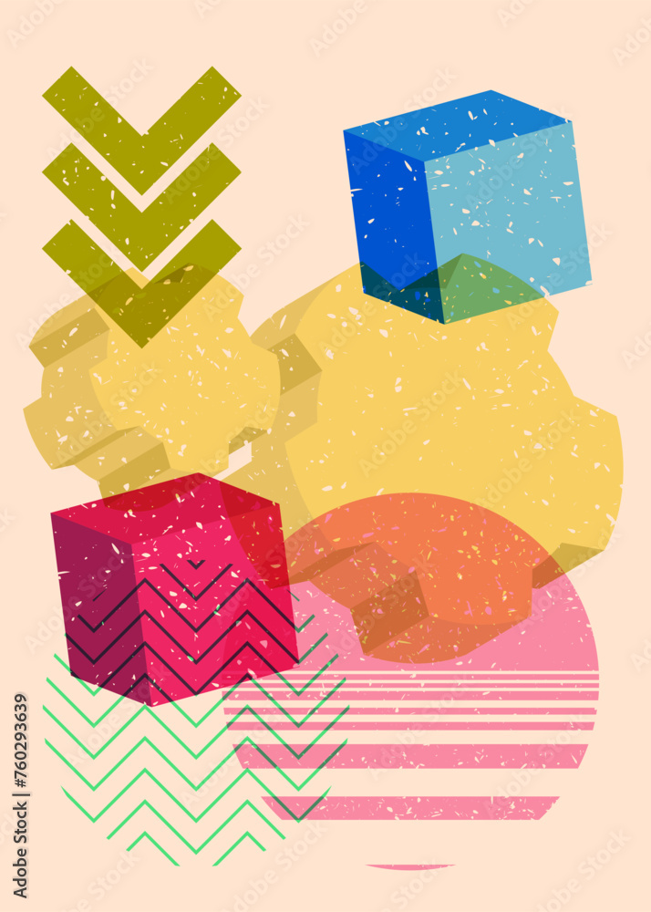 Poster risograph gear, cogwheel with geometric shapes. objects in trendy riso graph print texture style des