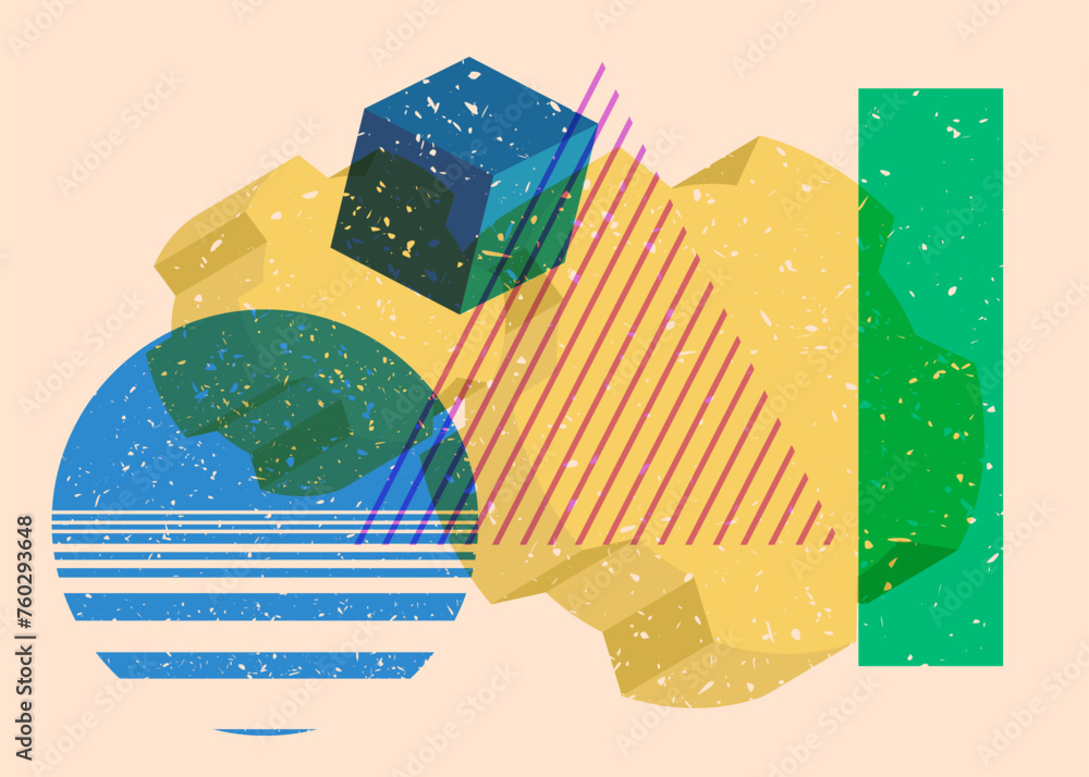 Poster risograph gear, cogwheel with geometric shapes. objects in trendy riso graph print texture style des