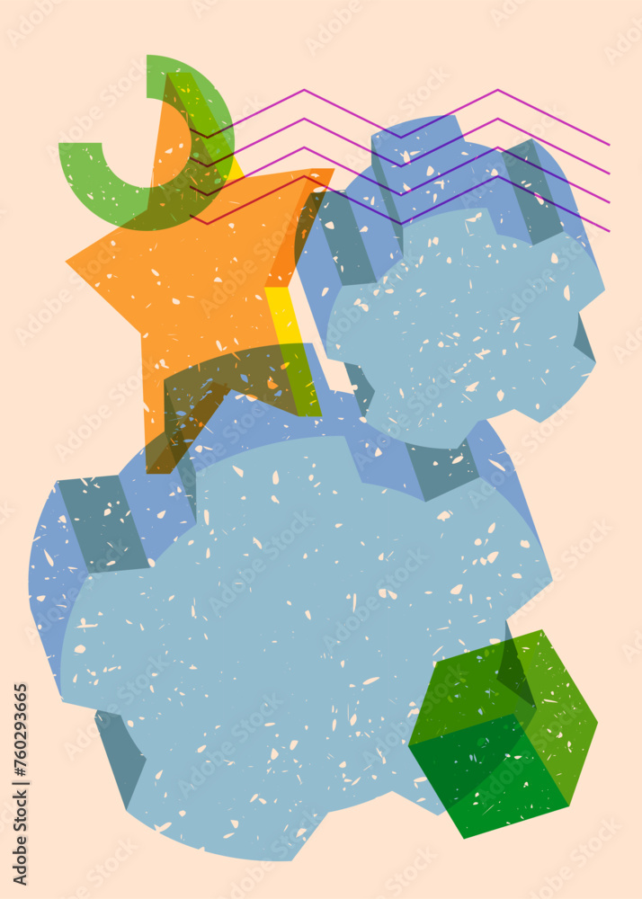 Poster risograph gear, cogwheel with geometric shapes. objects in trendy riso graph print texture style des