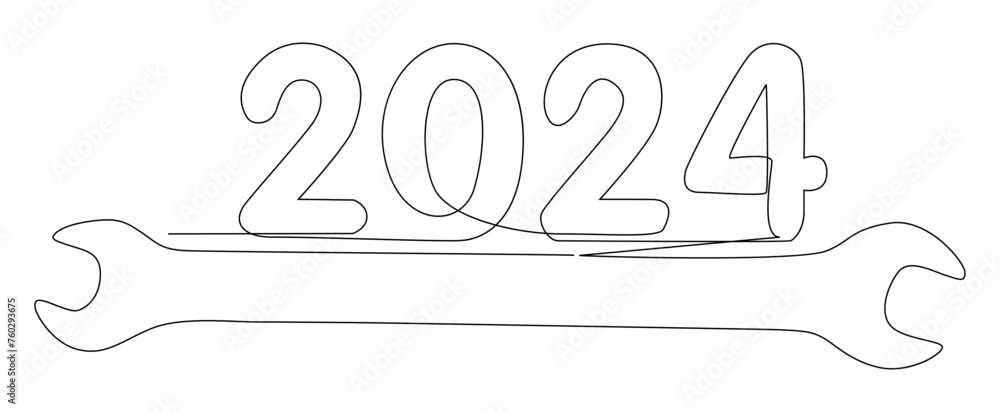 Poster one continuous line of wrench with number 2024. thin line illustration vector concept. contour drawi