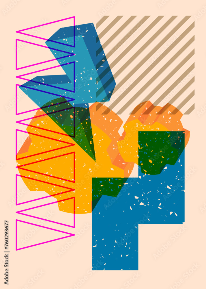 Poster risograph gear, cogwheel with geometric shapes. objects in trendy riso graph print texture style des