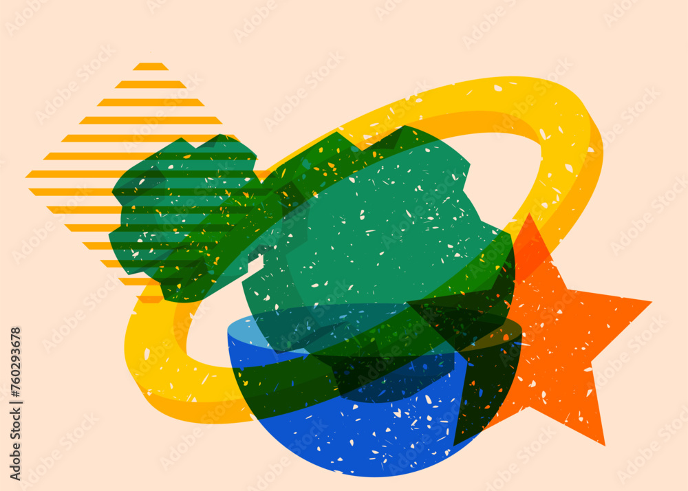 Poster risograph gear, cogwheel with geometric shapes. objects in trendy riso graph print texture style des