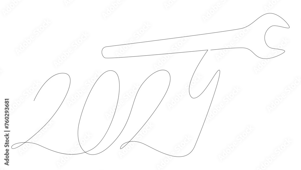 Poster one continuous line of wrench with number 2024. thin line illustration vector concept. contour drawi