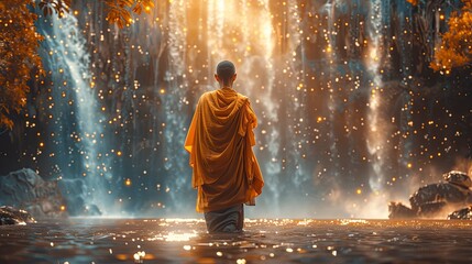 front shot of a Buddhist monk with a serious face in a shinny place generative ai - obrazy, fototapety, plakaty