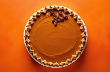 pumpkin pie top view,minimalism,space for text,orange background,round delicious cake on plate
