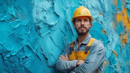 Confident construction worker in yellow hardhat against a textured blue wall. - obrazy, fototapety, plakaty