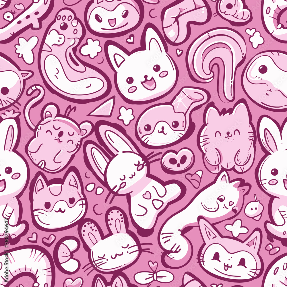 Poster Seamless Pattern Pink Characters