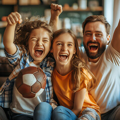Excited Happy Family Watching American Football Victory, Joyful Parents and Kids Enjoying Sports Game Together, Family Bonding and Leisure Activity, Generative AI

