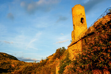 Cylindrical tower (11th century). Alsamora. Montsec massif. Lleida.Pyrenean mountain...