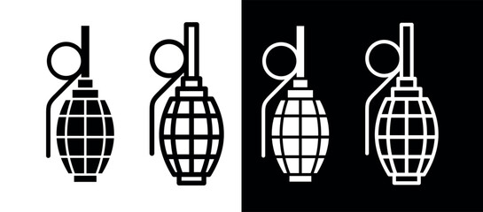 Set of pomegranate icons. Grenade, symbol of weapon of destruction, ammunition or war. Military attribute of an army or soldier. - obrazy, fototapety, plakaty