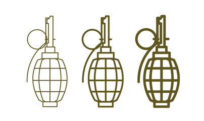 Set of pomegranate icons. Grenade, symbol of weapon of destruction, ammunition or war. Military attribute of an army or soldier.