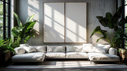 Modern white living room wall with white square fabric frame.


 - obrazy, fototapety, plakaty