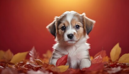 A little cute puppy posing for photos with some colorful leaves and red background