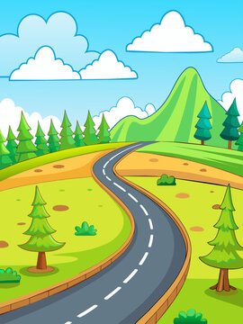 Roads vector landscape background featuring a winding road leading through rolling hills and lush vegetation.