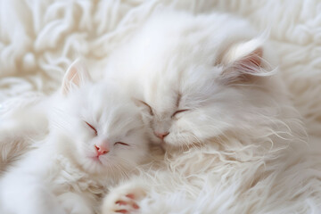 Two fluffy white cats cuddling (mom cat and a kitten)
