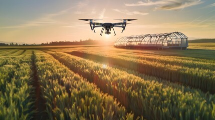 Drone Monitoring Cutting-Edge Agriculture: Aerial View of Wheat Fields and Greenhouse at Sunset - obrazy, fototapety, plakaty