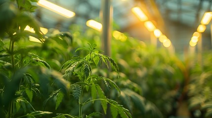 Thriving Cannabis Plants Bask in LED Light's Glow: A Greenhouse Success Story