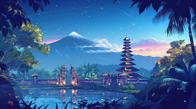 Majestic Sanctuary: A grand temple nestled against the imposing backdrop of a towering mountain, exuding timeless majes  Seamless looping 4k time-lapse virtual video animation background. Generated AI