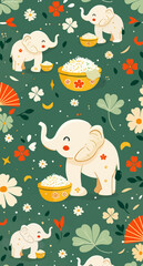 Elephant Green pattern with plant and rice