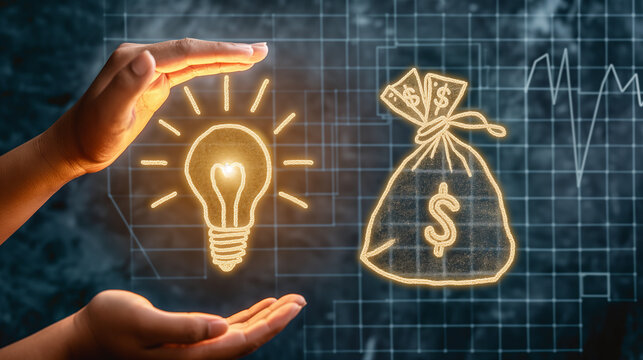 Hand holds light bulb in return for money, idea business startup investment funding crowdfunding sponsor venture capital concept illustration, financial success innovation project
