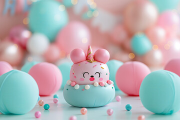 Pink and teal kawaii anime pastry cupcake, cartoon pop art