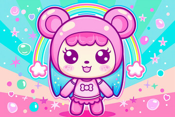 Pink and teal kawaii anime girl, cartoon pop art