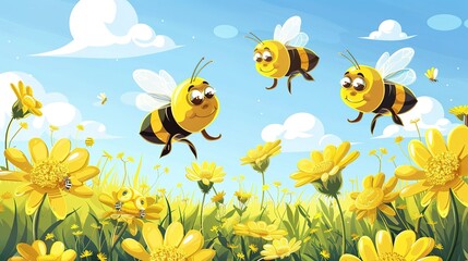 illustration of cute bees flying over the yellow flowers garden.,generative ai, 