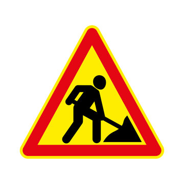 Triangular road work sign. A man with a shovel, a symbol of repair or prohibition of travel or passage. Construction or road danger sign.