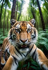Animal make selfie in forest. Close-up tiger in forest take selfie. interaction between wildlife and modern photography trends