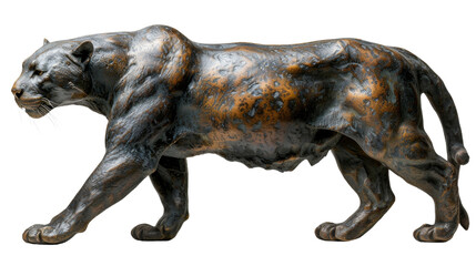 This stunning image portrays an elegant and powerful bronze statue of a panther in a stalking pose, suggesting grace and danger