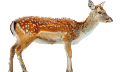 A graceful spotted deer captured in side profile, its delicate features and dotted coat highlighted against the white backdrop