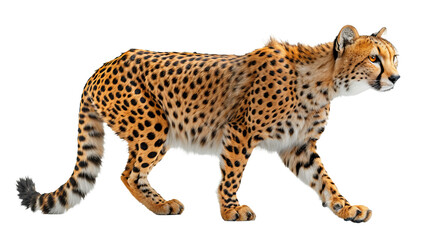 An elegant cheetah captured mid-walk, showcasing its distinctive spotted coat and muscular physique against a white background