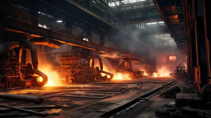 Fotobehang metal casting steel mill illustration production manufacturing, industry mold, heat alloy metal casting steel mill © sevector