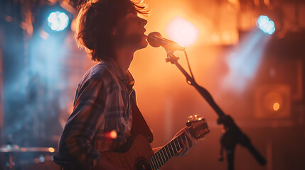 Young Guitar Player Singing a Song: Musician Performing with Passion, Artist Playing Guitar and Singing, Talented Performer in Concert, Musical Performance on Stage, Generative Ai

 - obrazy, fototapety, plakaty