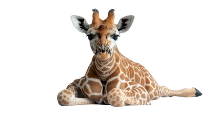 An adorable baby giraffe sits calmly with a cute expression on its face, isolated against a white...