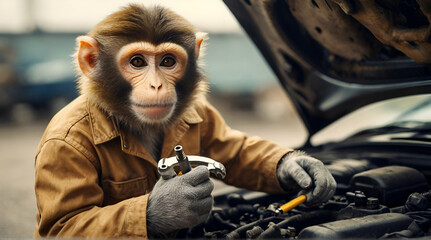 Naklejka premium A monkey mechanic fixing a car with a wrench, anthropomorphic animals, blurred background.generative.ai