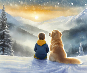 boy and golden retriever dog sitting together in the snow looking out over snow covered mountains and trees