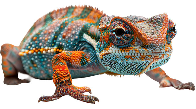 This striking image captures the brilliant blue and orange patterns of a chameleon in profile, showcasing its vibrant scales and textures