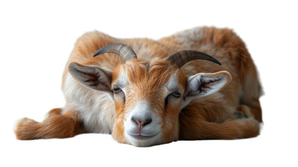 A close-up shot of a brown domestic goat with horns lying down isolated on a white background, looking peaceful and content