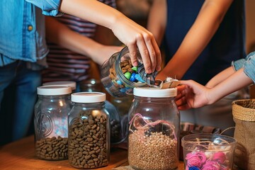 Woman hand putting money into glass jar to support animal shelter. Volunteer teenagers collecting pet food and supplies, preparing donated items to cardboxes for animal, Generative AI 